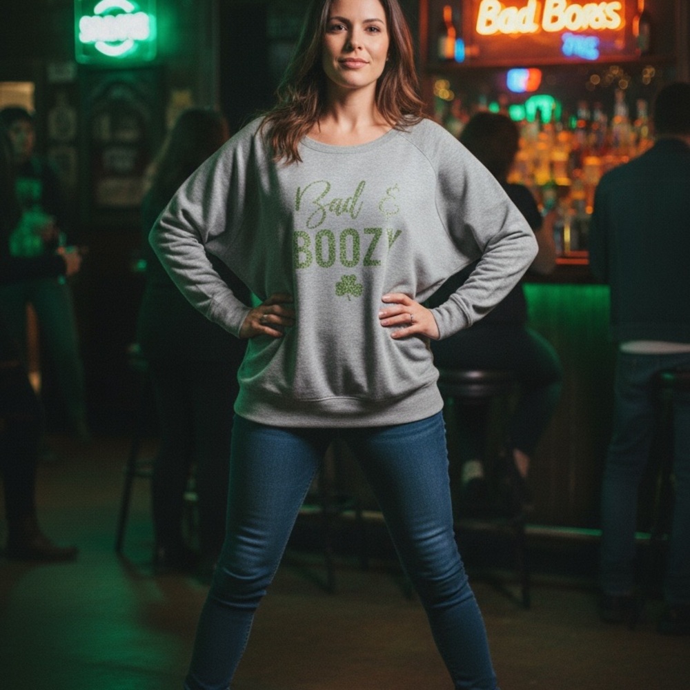 St. Patrick’s Day "Bad & Boozy" Graphic dolman sleeved shirt - Picture 2 of 5